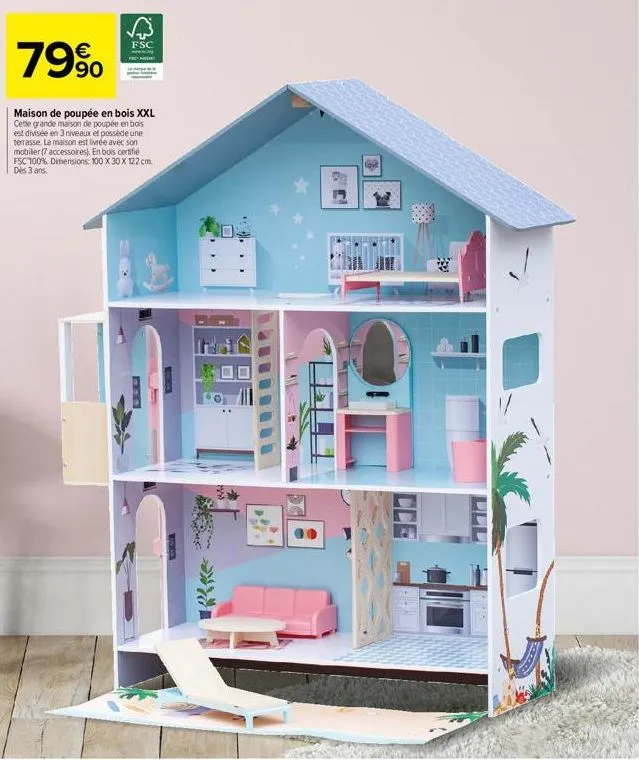 fsc  79%  maison de poupée en bois xxl cette gran maison de poupée en bois est divisée en 3 niveaux et possède une terrasse. la maison est livrée avec son mobiler (7 accessoires). en bois certifié fsc