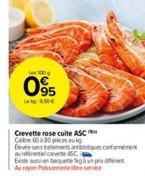 Les 100 g  095  Le kg: 9.50 €  Crevette rose cuite ASC Calibre 60 à 80 pièces au kg.  Élevée sans traitements antibiotiques conformément  au référentiel crevette ASC  Existe aussi en barquette 1kg à u