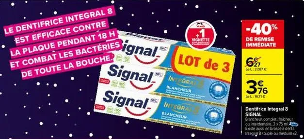 le dentifrice integral 8 est efficace contre la plaque pendant 18 h et combat les bactéries de toute la bouche.  signal™  signal  signal  integral  blancheur  integral  blancheur  lot de 3  vignette  