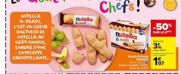 nutella b-ready, c'est un coeur  onctueux de  nutella au goût unique, enrobé d'une enveloppe croustillante.  nutella b-ready  3200 nutella b-ready  15  nutella b-ready ferrero  por 15, 330  soit les 2