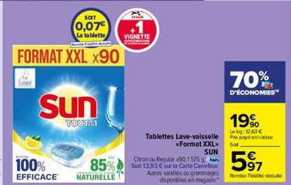 SOIT  0,07€  La tablette  FORMAT XXL X90  Ecate  Sun  TOUT..1  100% EFFICACE  85%  NATURELLE  Staub  VIGNETTE  Tablettes Lave-vaisselle «Format XXL. SUN  Citron ou Regular x90 1575 g Soit 13,93 € sur 