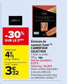 Sfilms  -30%  SUR LE 2 ME  Vendu sel  49  Lekg: 4250 €  Le 2 produt  39₂2  Émincés de saumon fumé CARREFOUR SELECTION  5 bales ou aneth, 100 g. Soit les 2 produits : 8,07 € -  Soit le kg: 40,35 € Autr