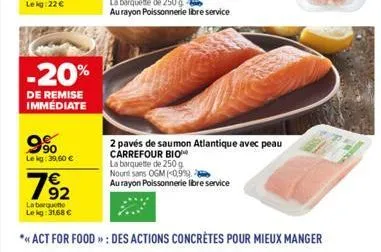 -20%  de remise immédiate  9⁹0  le kg: 39,60 €  2 pavés de saumon atlantique avec peau carrefour bio  la barquette de 250 g  nount sans ogm (-0,9%).  au rayon poissonnerie libre service 