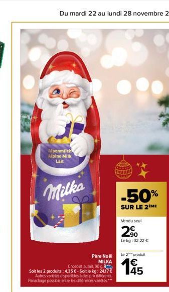 Alpenmilch Alpine Milk Lait  Milka  Chocolat au lait, 90 g  Soit les 2 produits: 4,35 € - Soit le kg: 2417 € Autres variétés disponibles à des prix différents Panachage possible entre les différentes 