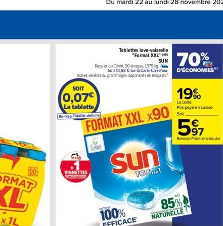 100%  70%  Regular ou Citron, 90 lavages, 1,575 kg  Soit 13,93 € sur la Carte Carrefour. D'ÉCONOMIES Autres variétés ou grammages disponibles en magasin.  SOIT  0,07€  La tablette  Remise Fidélité déd