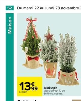 52 Du mardi 22 au lundi 28 novembre 2022  Maison  1399  Le sapin  Mini sapin auteur environ 70 cm. Différents modèles  