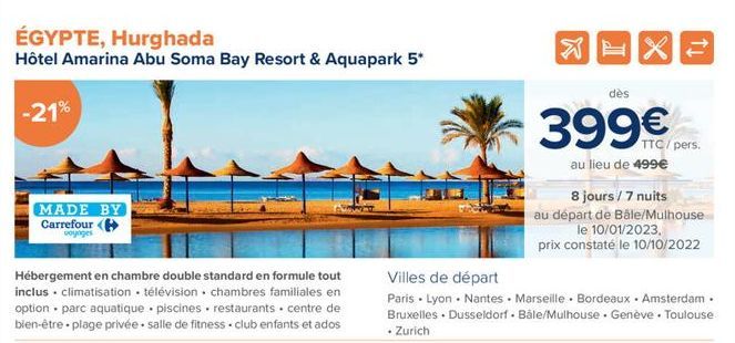ÉGYPTE, Hurghada  Hôtel Amarina Abu Soma Bay Resort & Aquapark 5*  -21%  MADE BY Carrefour ( voyages  Hébergement en chambre double standard en formule tout inclus. climatisation télévision chambres f