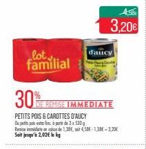 lot familial  30%  PETITS POIS & CAROTTES D'AUCY  Ou petits pois este fim  de 3x530  Remise immédiate de 1,386, sait 458E-1,38E-3,20€  Soit jusqu'à 2,02€ le kg  REMISE IMMEDIATE  daucy  4,58€  3,20€ 