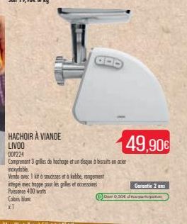 HACHOIR À VIANDE LIVOO  DOP224  Vendu avec 1 kit à soucisses et à kebbe, rangement  intégré avec trappe pour les grilles et accessoires Puissance 400 watts  Colaris blanc x1  Comprenant 3 grilles de h