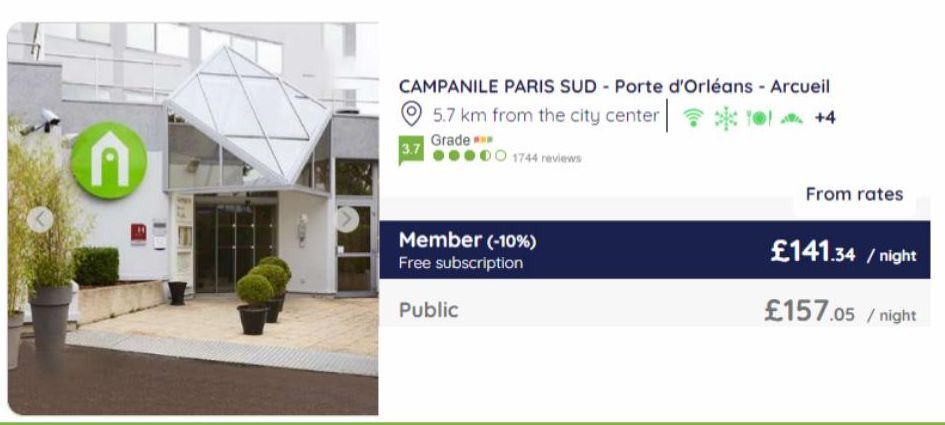 n  3.7  00 1744 reviews  Member (-10%) Free subscription  Public  CAMPANILE PARIS SUD - Porte d'Orléans - Arcueil 5.7 km from the city center  Grade ***  From rates  £141.34 /night  £157.05 /night  