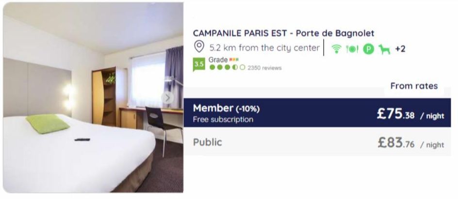 CAMPANILE PARIS EST - Porte de Bagnolet 5.2 km from the city center  Grade  O2350 reviews  3.5  Member (-10%) Free subscription  Public  +2  From rates  £75.38/night  £83.76 /night 