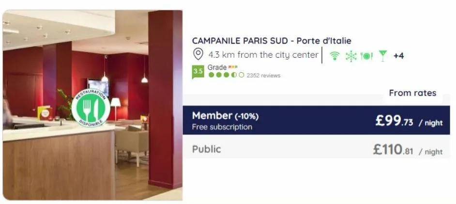 autauration  campanile paris sud - porte d'italie  4.3 km from the city center |  grade ***  3.5  2352 reviews  member (-10%) free subscription  public  *10! y +4  from rates  £99.73 / night  £110.81/