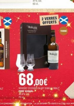 KNOCKANDO  www  "  "Askaig  2 VERRES OFFERTS  TOURSE  68,00€  WHISKY ECOSSE ISLAY SINGLE MALT  PORT ASKAIG 58% vol  70 cl 