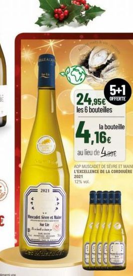 2021  Vascadet Sèvre et Maine  Sur Lie Michal  5+1 24,95€ OFFERTE les 6 bouteilles  4,16€  la bouteille  au lieu de 4.99€  AOP MUSCADET DE SÉVRE ET MAINE L'EXCELLENCE DE LA CORDOUERE 2021 12% vol  000