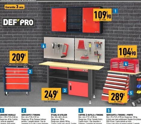 DEF'PRO  209€  T:11MIT  249€  20  SHA  لا  COFFRE À OUTILS 6 TIROIRS Dim L 66 x P 31 x 38 cm.  10990  T  104⁹0  NT:80842  ATA pot  289€  NT 240083 The Ed  5 