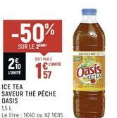 -50%  SUR LE 2  2%  L'UNITE  SOIT PAR  LUMITE  ICE TEA  SAVEUR THE PÊCHE OASIS  1,5 L  Le litre : 1640 ou x2 1605  HIVI WA  Oasis  REGER 