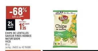 -68%  sur le 2  205  l'unite  soit par 2  unite  35  chips de lentilles saveur fines herbes natur'&bon  vico  85 g  le kg: 24€12 ou x2 15€88  hyd  vico  ra kro  chips  de lentilles  feswart  faith 