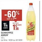 195  LUNITE  -60%  SUR LE 2  SOPAR  CONT 36  SCHWEPPES AGRUM  1,5 L  Le litre: 1630 ou X2 0€91  Schweppes  AGRUMES 