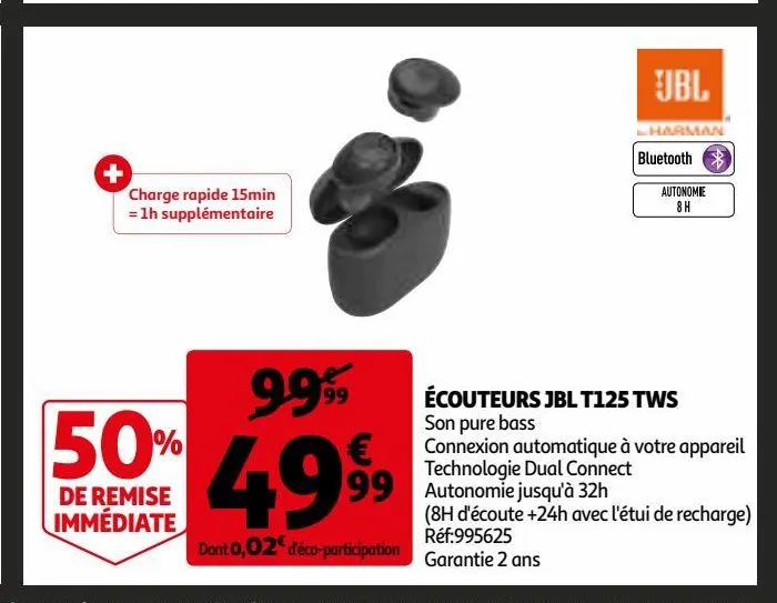 écouteurs jbl t125 tws