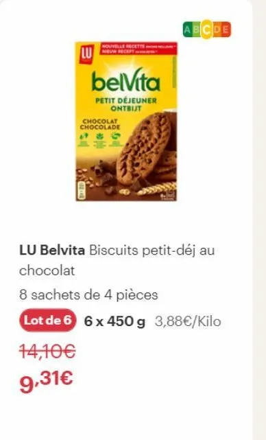nouvelle  luc  14,10€  9,31€  chocolat  chocolade  wwyde  belvita  petit déjeuner ontbijt  abcde  lu belvita biscuits petit-déj au chocolat  8 sachets de 4 pièces  lot de 6 6 x 450 g 3,88€/kilo 