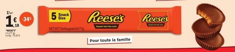 1€ -34%  1,18  "reese's" x5 (77 g).. le kg: 15,32 €  5 snack  size  netwt/nettogewicht77g  reese's  peanut butter cups  pour toute la famille  reese's  peanut buttercup 