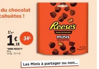 1  1€ -34%  ,18  "minis reese's" 90 g lekg:  13,11 €  les minis à partager ou non...  reese's  peanut butter cups  minis  unwrapped 