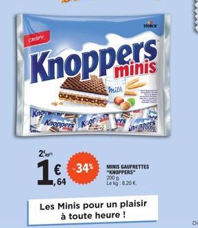 Knoppers  29  1€ -34%  1,64  Knoppers  mill  -34% MINIS GAUFRETTES  "KNOPPERS"  200 g Le kg: 8.20 €.  Les Minis pour un plaisir  à toute heure ! 