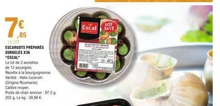 € ,85  le lot escargots préparés surgelés x36 "escal"  le lot de 3 assiettes  de 12 escargots  recette à la bourguignonne  variété: helix lucorum.  (origine roumanie)  calibre moyen.  poids de chair e