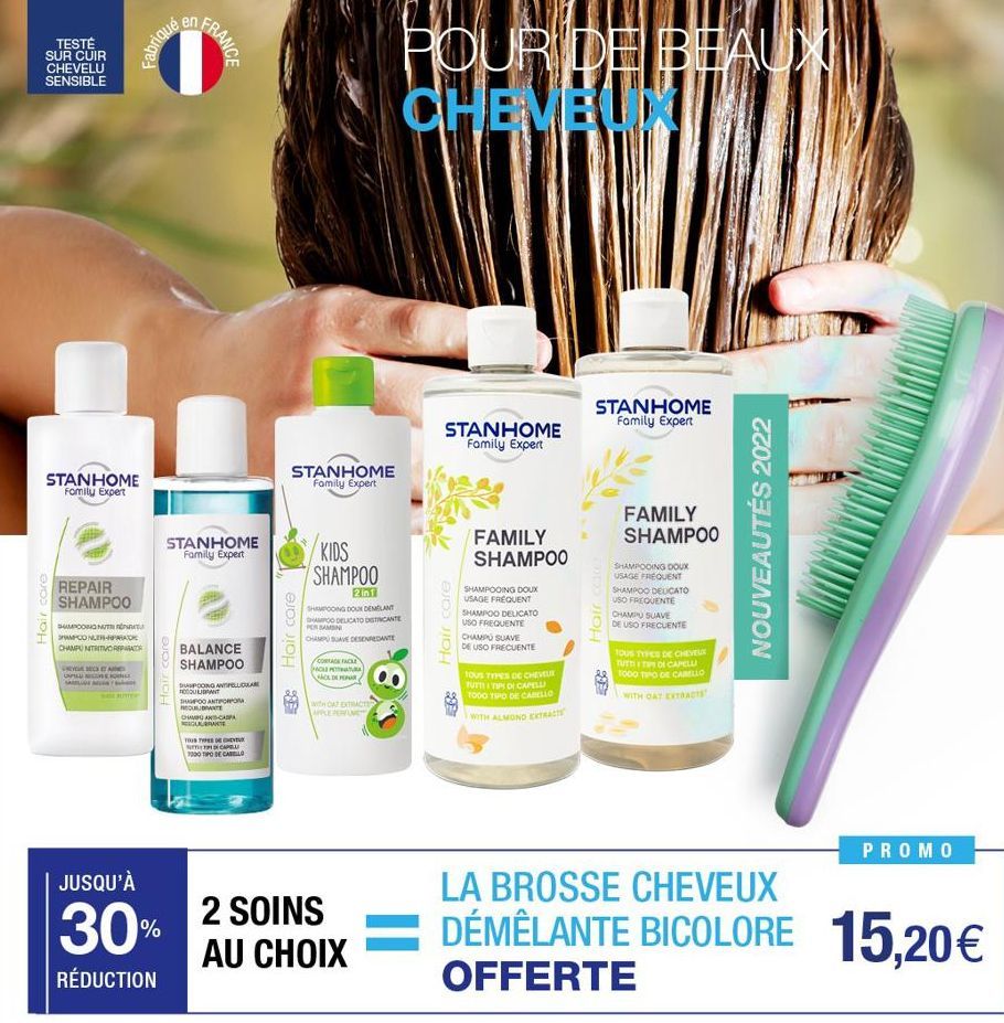 TESTÉ SUR CUIR CHEVELU SENSIBLE  STANHOME Family Expert  Hair care  REPAIR  SHAMPOO  SHAMPOOING NUTR  SHAMPCONLEH-PARADIC CHAMPU NITRITIVO REPARAR  RESEARC UILLON  SADERITTER  эльцае»  STANHOME  Famil