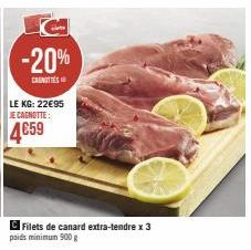-20%  CANOTTES  LE KG: 22€95 JE CAGNOTTE:  4€59  Filets de canard extra-tendre x 3  poids minimum 900g 
