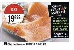 le kg  19€99  filet de saumon terre & saveurs  casino terre& saveurs  elevé sans traitement  antibiotique nourri sans ogm (<0,9%)  goûtez la difference! 