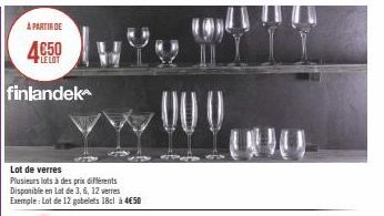 À PARTIR DE  LE LOT  finlandek  Lot de verres  Plusieurs lots à des prix différents Disponible en Lot de 3, 6, 12 verres Exemple: Lot de 12 gobelets 18cl à 450 