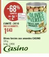 -68%  casnities  l'unité: 2€10 par 2 je cagnotte:  1643  cosino max  olives vertes  farcies aux amandes  olives farcies aux amandes casino  120 g  le kg: 17€50  casino 