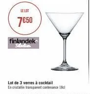 le lot  7€50  finlandek sélection  lot de 3 verres à cocktail  en cristallin transparent contenance 18cl 