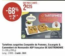 -68%  e 2e"  soit par 2 lunite:  2€25  franare sa  x2 tartefines  tartefines surgelées compotée de pommes, escargots & camembert de normandie aop française de gastronomie 2x 100 g (200 g) lekg: 17605-