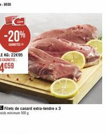 -20%  CANOTTES  LE KG: 22€95 JE CAGNOTTE:  4€59  Filets de canard extra-tendre x 3  poids minimum 900g 