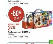 -50% 2⁰  soit par 2 l'unité:  2€32  oeufs surprises kinder joy  x3 (60 g)  le kg: 51€50-l'unité: 3609 