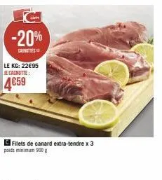 -20%  canottes  le kg: 22€95 je cagnotte:  4€59  filets de canard extra-tendre x 3  poids minimum 900g 