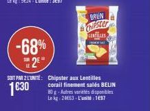 -68% 2²**  SOIT PAR 2 L'UNITÉ: Chipster aux Lentilles corail finement salés BELIN 80 g-Autres variétés disponibles Le kg 24€63-L'unité : 1697  1€30  BELIN  Chipster  H  LENTILLES 