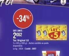 -34%  SOIT L'UNITE:  2€62  Tuc Original LU 5x100 g (500 g)-Autres variétés ou poids disponibles  Le kg: 524-L'unité: 3697  LOT  x5 