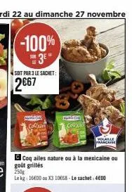 -100%  3⁰  se  soit par 3 le sachet:  2€67  co  m  colle  coq ailes nature ou à la mexicaine ou goût grillés 250g  le kg: 16600 ou x3 10668-le sachet: 4600  volaille  francaise 