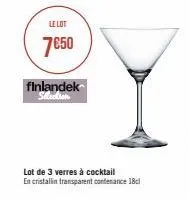 le lot  7€50  finlandek selection  lot de 3 verres à cocktail en cristallin transparent contenance 18cl 