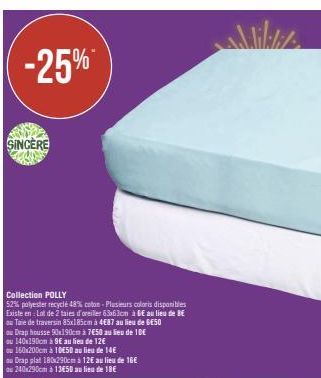 -25%  SINCERE  Collection POLLY  52% polyester recyclé 48% coton - Plusieurs coloris disponibles Existe en: Lot de 2 taies d'oreiller 63x63cm à GE au lieu de BE  ou Taie de traversin 85x185cm à 4€87 a