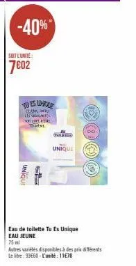 soit l'unité:  7€02  unique  same  -40%*  to es longue  ces tote les atel son  to meme  fo  unique  eau de toilette tu es unique eau jeune  75 ml  (@))) (88) @  autres variétés disponibles à des prix 