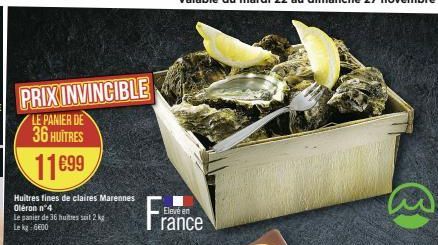 PRIX INVINCIBLE  LE PANIER DE 36 HUITRES  11699  Huitres fines de claires Marennes Oléron n°4  Le panier de 36 huitres soit 2 kg Le kg 600  France  Elevé en 