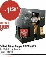 -1650"  SOIT L'UNITÉ  9689  Coffret Bières Belges LINDEMANS 4x 25 cl (1L) + 1 verre L'unité : 11€39 