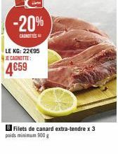 -20%  CANOTTIES  LE KG: 22€95 JE CAGNOTTE:  4659  Filets de canard extra-tendre x 3  poids minimum 900g 