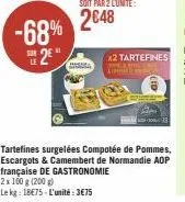 -68% 248  2*  x2 tartefines lipurito ch  tartefines surgelées compotée de pommes, escargots & camembert de normandie aop française de gastronomie 2x 100 g (200 g)  le kg: 18€75-l'unité:3€75 