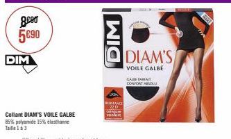 geen 5€90  DIM  Collant DIAM'S VOILE GALBE  85% polyamide 15% elasthanne  Taille 1 à 3  DIM  INSTANCE 110  cinare confort  DIAM'S  VOILE GALBE  CALEFANT  CONFORT ABSOLU  FURE 
