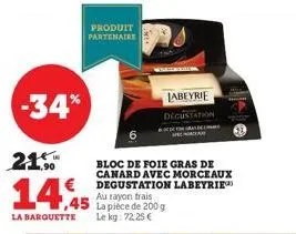 -34%  21.  14,45  la barquette  produit partenaire  bloc de foie gras de canard avec morceaux degustation labeyrie au rayon trais la pièce de 200 g le kg: 72,25 €  labeyrie degustation 